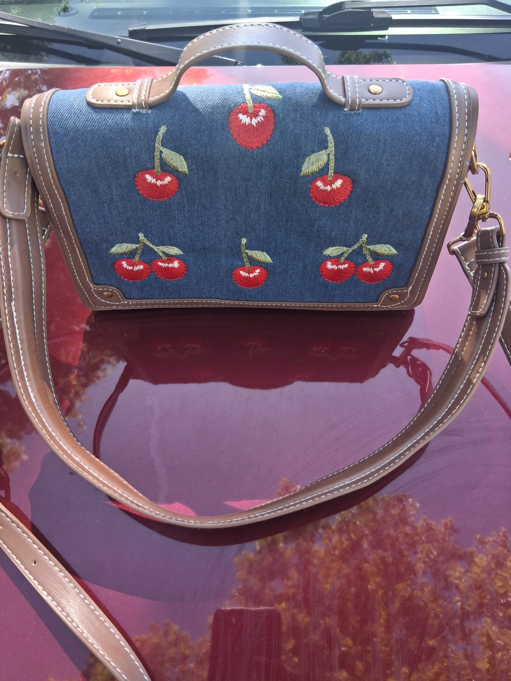 Denim Cherry Embroidered Crossbody Bag - Blue/Red
